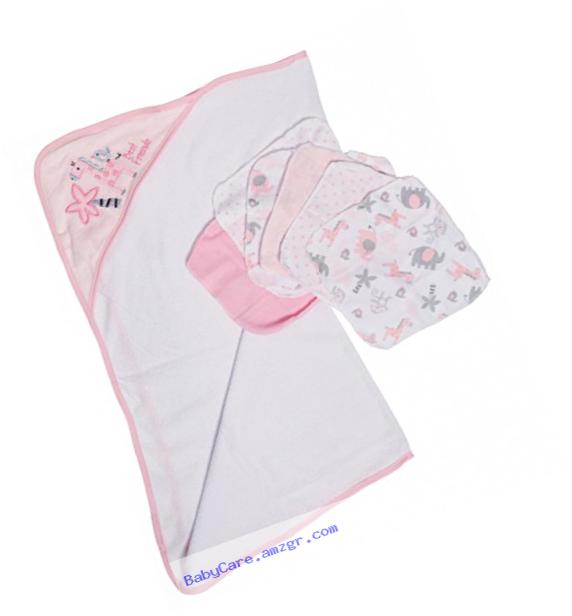 Little Beginnings Zoo Print Hooded Towel and Washcloths Gift Set, Pink
