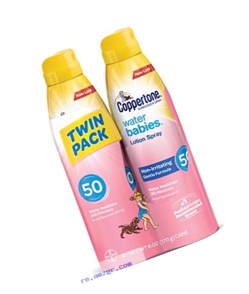 Coppertone WaterBABIES Sunscreen  Quick Cover Lotion Spray Broad Spectrum SPF 50, Twin Pack (6 Fluid Ounces Per Bottle)