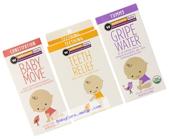 Wellements Infant Remedy Essentials 3 Pack - Baby Move for Constipation (4 Fl Oz), Baby Tooth Oil (0.5 Fl Oz), and Gripe Water for Tummy (4 Fl Oz)