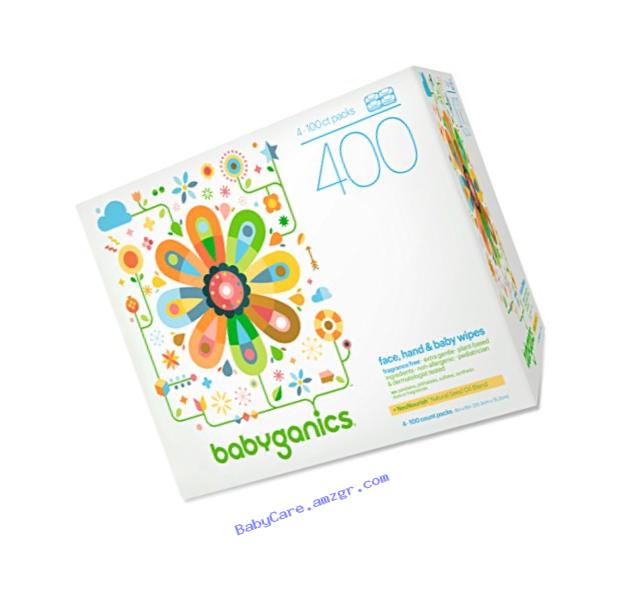 Babyganics Face, Hand & Baby Wipes, Fragrance Free, 400 Count (Contains Four 100-Count Packs)